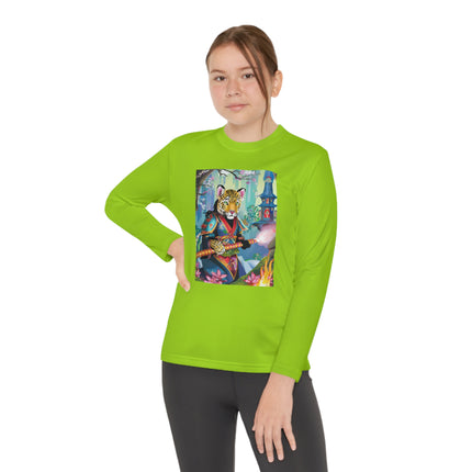 Cyberpunk Leopard Youth Long Sleeve Competitor Tee – Neon Magic & Futuristic Adventure