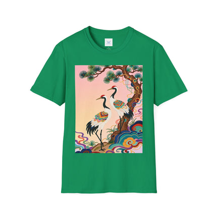 🐦🌸 The Enchanted Crane Garden Softstyle T-Shirt – Oriental Elegance & Colorful Harmony
