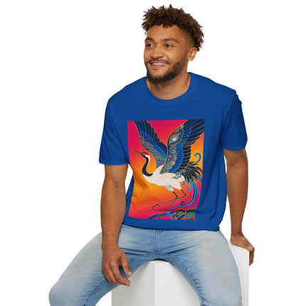 🪽🌅 The Celestial Crane Softstyle T-Shirt – Art Deco Wings Of Elegance