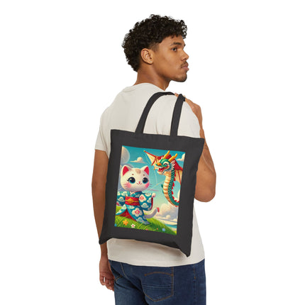 Geisha Kitten and the Dragon Kite Cotton Canvas Tote Bag – Joyful Flight & Dragon Spirit