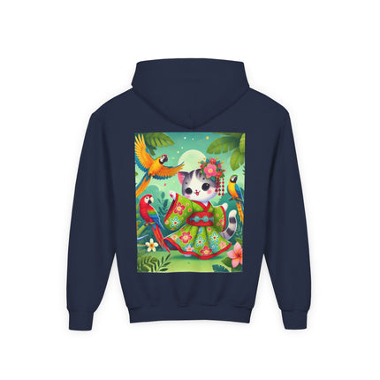 Parrot Dance of the Geisha Kitten Youth Hooded Sweatshirt – Tropical Joy & Whimsical Color