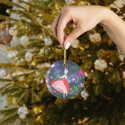 🌙🌺 Moonlight Waltz Among The Blossoms Glass Ornament – Art Deco Floral Enchantment