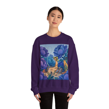 💙🌸 The Lady Among The Blue Blossoms Crewneck Sweatshirt – Art Deco Floral Reverie
