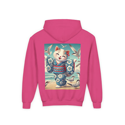 Geisha Kitten by the Seaside Youth Hooded Sweatshirt – Coastal Charm & Playful Style