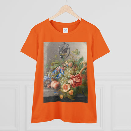 Still Life With Flowers, Fruit, A Great Tit And A Mouse by Herman Henstenburgh Women's Midweight Cotton Tee