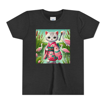 Geisha Kitten Strolls Among the Spoonbills Youth Short Sleeve Tee