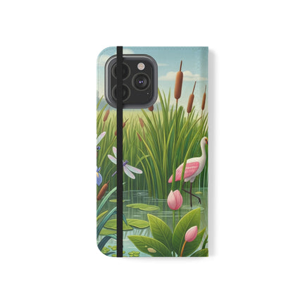 🦩🌸 Geisha Kitten Strolls Among the Spoonbills Flip Case – Serene Grace & Marshland Wonder