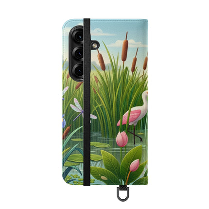 🦩🌸 Geisha Kitten Strolls Among the Spoonbills Flip Case – Serene Grace & Marshland Wonder