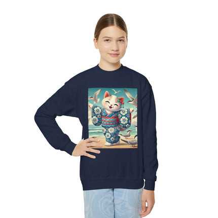 Geisha Kitten by the Seaside Youth Crewneck Sweatshirt – Coastal Charm, Joy & Whimsical Elegance