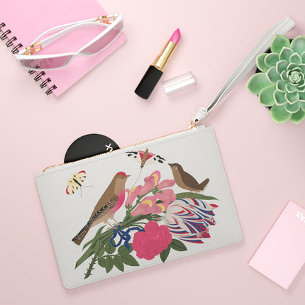 Pink-Breasted Bird & Wren Clutch Bag – Elegant Joy & Springtime Charm