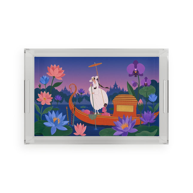 🪷🛶 The Lady Of The Lotus Lake Acrylic Serving Tray – Art Deco Garden Voyage