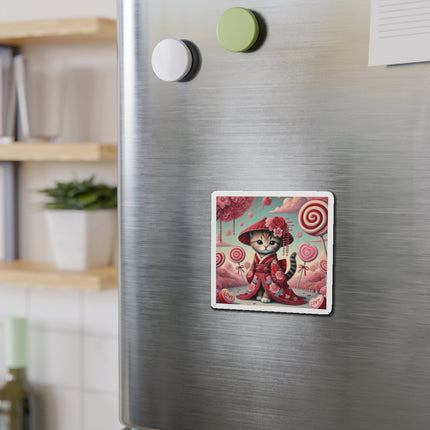 Whimsical Geisha Kitten in a Valentine Garden Die-Cut Magnets (5 Sizes)