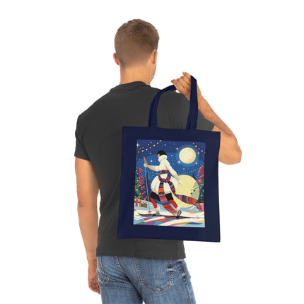 🎿🌙 The Moonlit Christmas Skier Cotton Tote Bag – Art Deco Holiday Adventure