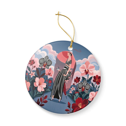 🌸🖤 The Striped Orchid Promenade Ceramic Ornament – Art Deco Floral Fashion