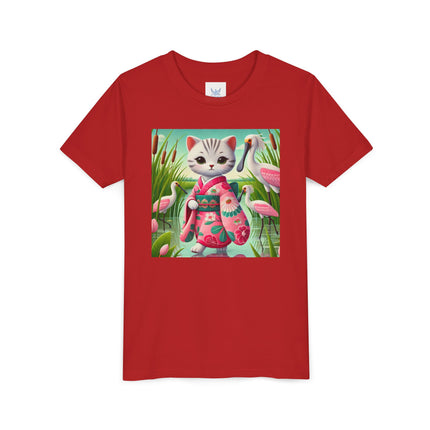 Geisha Kitten Strolls Among the Spoonbills Youth Short Sleeve Tee