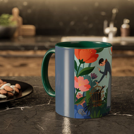 The Lady And The Mysterious Bird Colorful Mugs – Art Deco Botanical Mystery
