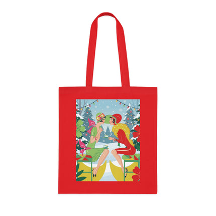 🎄☕ Christmas Tea In The Snow Garden Cotton Tote Bag – Art Deco Holiday Friendship