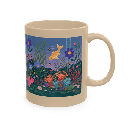 🐠🌸 The Lady Of The Underwater Flower Garden Ceramic Mug – Art Deco Aquatic Whimsy