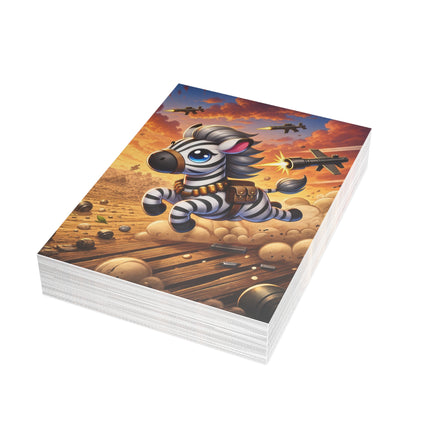 🦓💥 The Little Zebra Battlefield Dash Greeting Card – Whimsical Animal Adventure