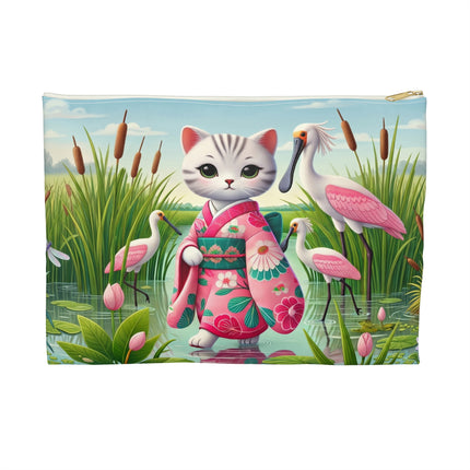 Geisha Kitten Strolls Among the Spoonbills Accessory Pouch – Serene Grace & Marshland Wonder