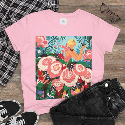 🌸🐦 The Girl Of The Little Birds Cotton Tee – Art Deco Floral Whimsy