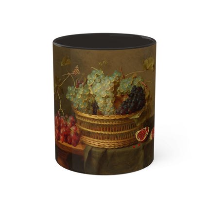 Basket of Grapes and a Pomegranate on a Table by Jacob van Hulsdonck Colorful Mugs, 11oz