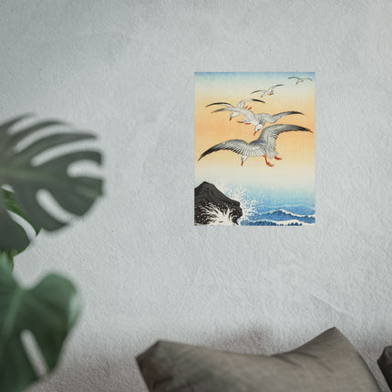 Five Seagulls Above Turbulent Sea by Ohara Koson Fine Art Posters