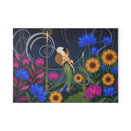 🌻🌙 The Midnight Sunflower Garden Glass Cutting Board – Art Deco Floral Fantasy