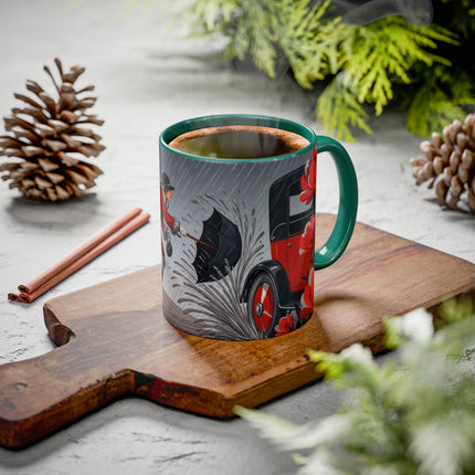 ☔🌹 The Scarlet Rainstorm Promenade Colorful Mug – Art Deco Motoring Elegance