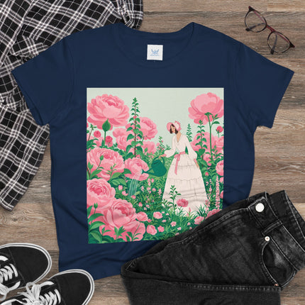 🌸💧 The Rose Garden Watering Cotton Tee – Art Deco Floral Whimsy