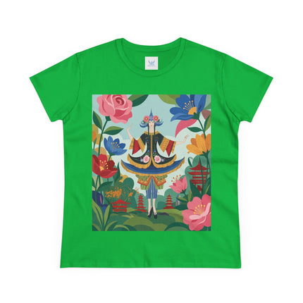 🌸🏯 The Pagoda Garden Enchantress Cotton Tee – Colorful Art Deco Fashion Fantasy