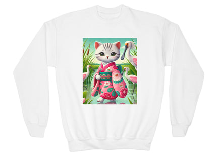 Geisha Kitten Strolls Among the Spoonbills Youth Crewneck Sweatshirt