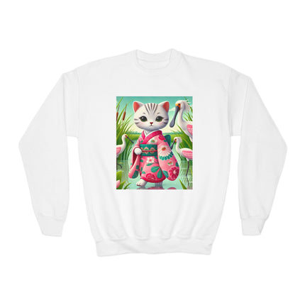 Geisha Kitten Strolls Among the Spoonbills Youth Crewneck Sweatshirt – Grace, Nature & Whimsical Elegance