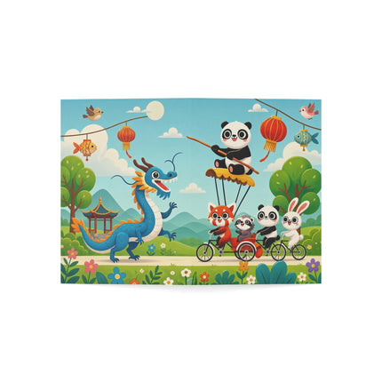 🐉🚲 The Dragon Garden Bicycle Parade Greeting Card – Whimsical Animal Adventure