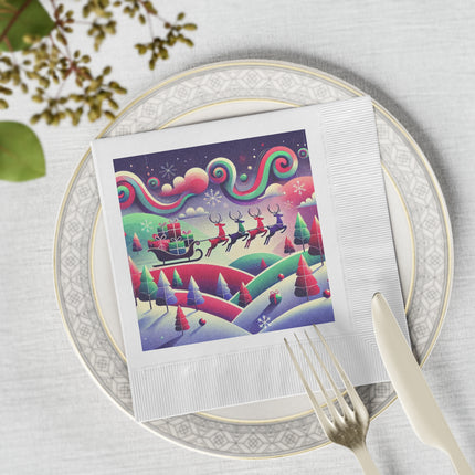 Festive Reindeer Flight White Coined Napkins
