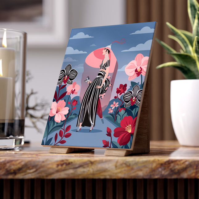🌸🖤 The Striped Orchid Promenade Ceramic Tile – Art Deco Floral Fashion