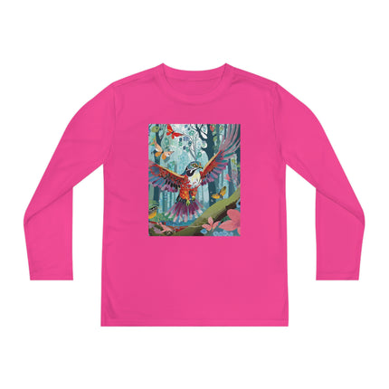 A Colorful Raptor Youth Long Sleeve Competitor Tee – Dino Adventure & Forest Wonder