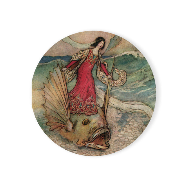 Rita Rides on the Dolphin by Warwick Goble Cork Back Coaster