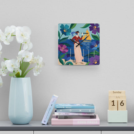 🔭⛵ The Lady Of The Seaside Spyglass Acrylic Wall Clock – Art Deco Coastal Elegance