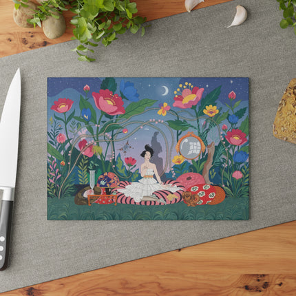 🌙🌺 The Moonlit Garden Reverie Glass Cutting Board – Art Deco Floral Fantasy
