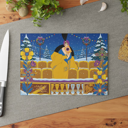 🎭❄️ The Lady Of The Snowbound Theatre Glass Cutting Board – Art Deco Holiday Elegance