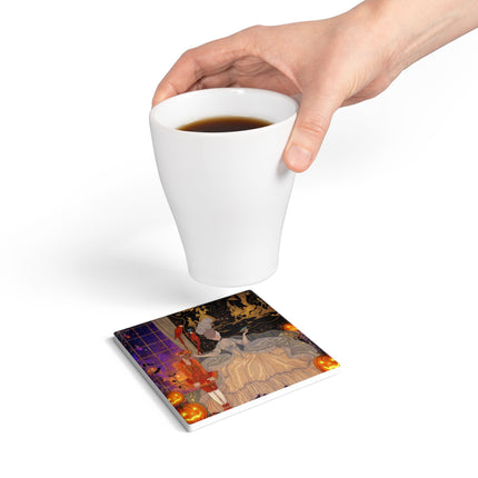 🌙🎃 The Moonlit Parlor Masquerade Ceramic Coaster – Elegant Halloween Romance