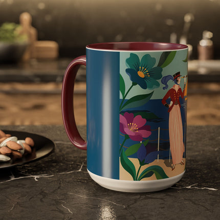 The Lady Of The Golden Horizon Colorful Mugs – Art Deco Coastal Elegance