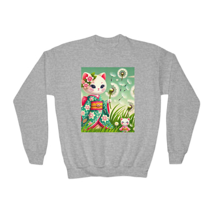 Geisha Kitten and the Dandelion Wish Youth Crewneck Sweatshirt – Gentle Magic, Dreams & Quiet Beauty