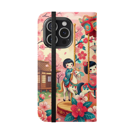 🎠🌸 Geisha Kitten's Enchanted Carousel Flip Case – Whimsical Dreams & Cherry Blossom Magic