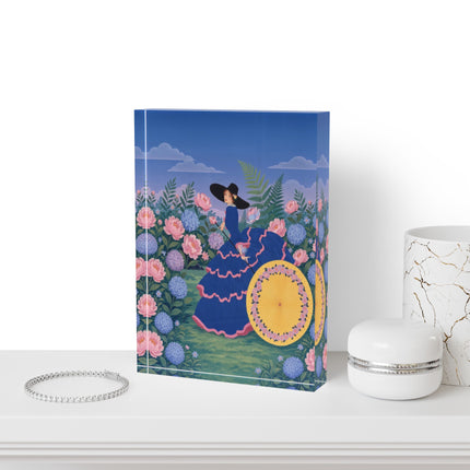 🌸☂️ The Lady Of The Flower Garden Parasol Acrylic Art Block – Art Deco Botanical Elegance