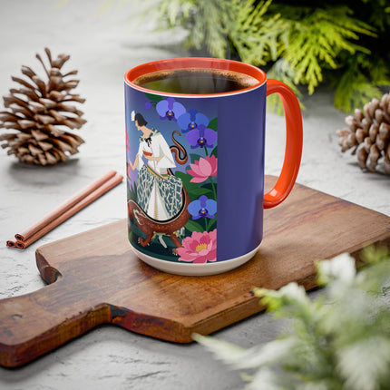 The Lady And The Garden Dragon Colorful Mugs – Art Deco Mythical Botanical Elegance
