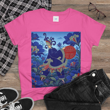 💙🌺 The Imperial Blue Garden Cotton Tee – Art Deco Oriental Elegance