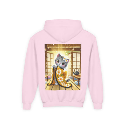 Playful Kitten in the Tea Room Youth Hooded Sweatshirt – Curiosity, Charm & Cozy Comfort