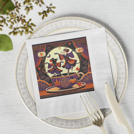 Theatrical Halloween Kabuki Mice White Coined Napkins